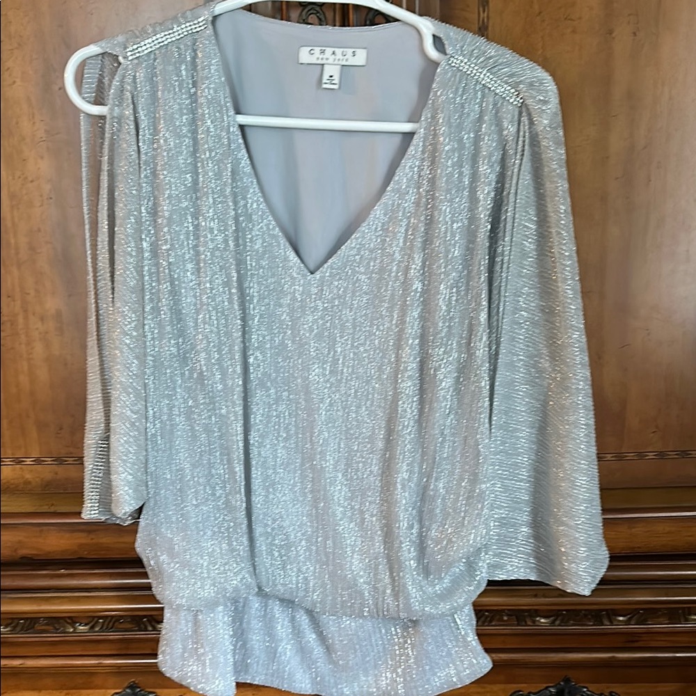 Chaus Metallic Silver V-Neck Blouse